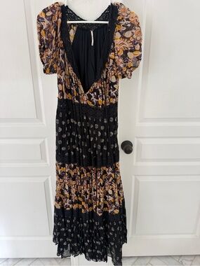 Free People Black Floral Tiered Maxi Dress with Mustard Accents